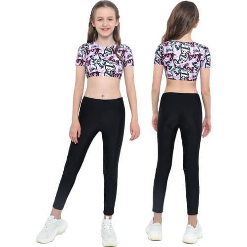Kids Running Sets Sport Suit Two Pieces Tracksuits Girls Yoga Dance Clothes Pure Color Short Sleeve Crop Top+Leggings Pants Set