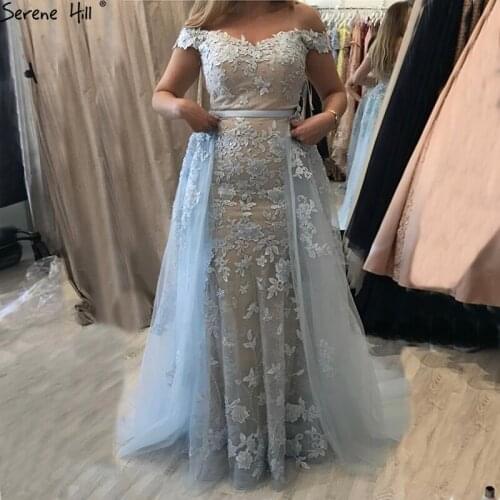 Blue Boat Neck Sexy A-Line Evening Dresses 2020 Off Shoulder Handmade Flowers Pearls Fashion Evening Gown LA6599