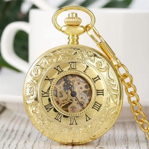 Classic Roman Numeral Mechanical Hand Winding Pocket Watch Double Hunter Vintage FOB Chain Pendant Manual Mechanism Pocket Clock