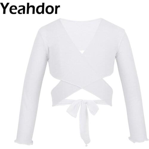 Kids Girls Classic Mesh Ballet Costume Long Sleeve Wrap Top with Adjustable Tie Closure Flower Bridesmaid Wedding Dress Wrap