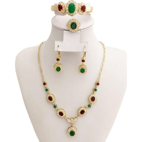 African Fashion Jewelry Set Earrings Bracelet Necklace Ring 4-Set Moroccan Luxery Colorful Crystle Wedding Jewelry Set For Bride