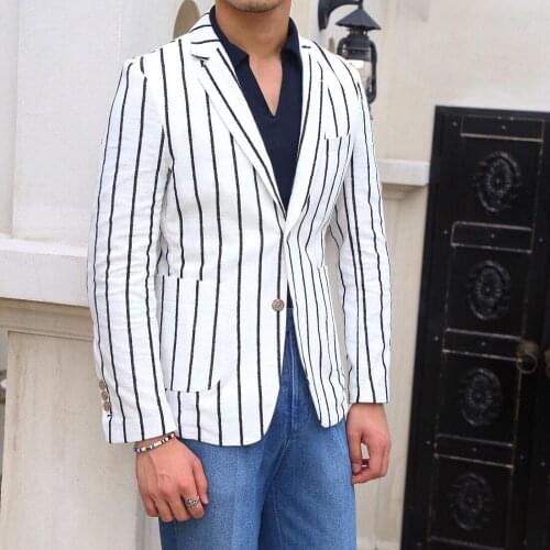 M-4XL 2019 Mens clothing fashion Star GD hair stylist British Summer cotton linen thin white striped Suit plus size costumes