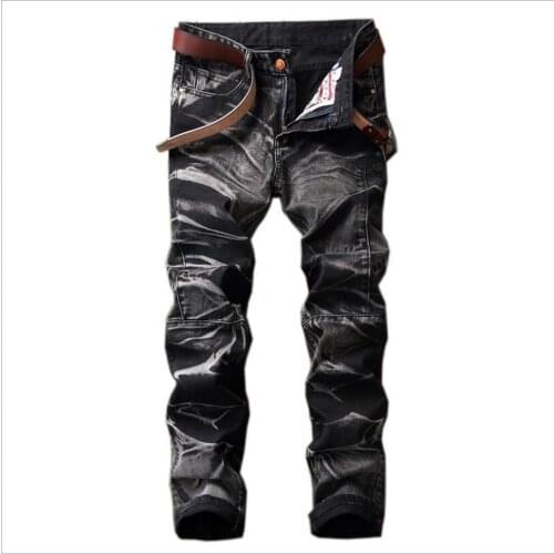 New Autumn Men Straight Inelastic Denim Jeans Wild Folds Patchwork Jean Pants Large Size Men Cotton Denim Jeans No Belt