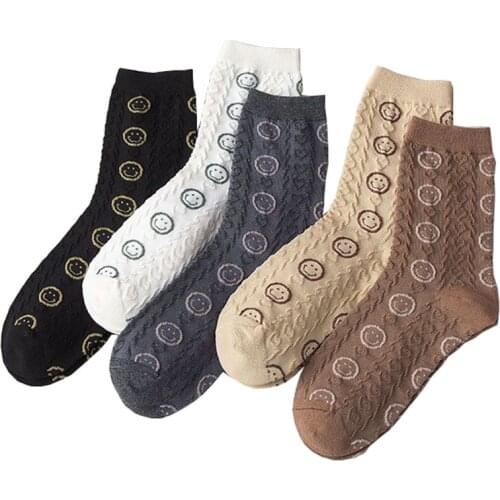 Socks Women Autumn Smiley Twisted Japanese Kawaii Soft Girl Harajuku Mori Printing Pure Cotton Wearable Breathable Middle tube