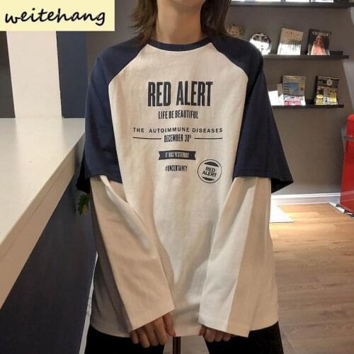 Spring New Fake Two Piece Long Sleeved T Shirt Women Tops Bottoming Shirt Loose Casual Korean Fashion Ins Tide Female Tshits 249