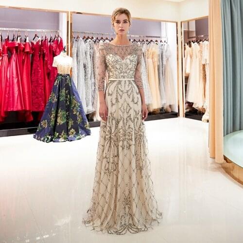 Charming A-line Vestido Prom Dresses Illusion Three Quarter Length Sleeves Sequins Beading Champagne Formal Party Dresses