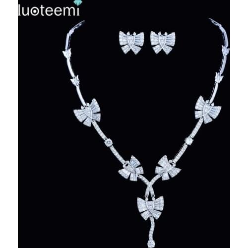 LUOTEEMI New Elegant Wedding Jewelry CZ Crystal White Gold-Color 5pcs Butterfly Pendant Necklace for Women Bridal Accessories