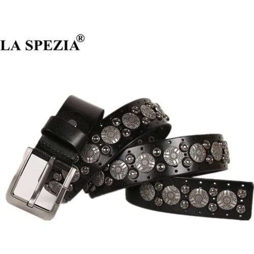LA SPEZIA Punk Rock Belts for Men Real Patent Leather Steampunk Accessories Buckle Belts Male Rivet Black Waist Belt