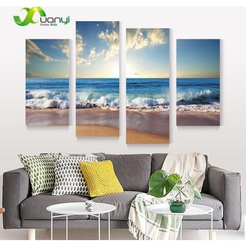 Blue Sea Wave Painting Canvas Prints Home Art 4 Piece Modern Sunset Wave Canvas Beach Wall Art Painting For Living Room Unframed