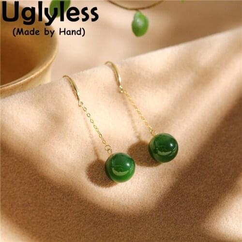Uglyless Pretty Natural Spinach Green Jade Jasper Earrings for Women AU750 Genuine 18K Gold Ear Lines Studs Earrings Gemstones