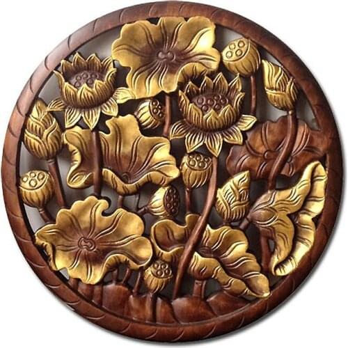 Southeast Asia living room decoration Lotus Thai wood carving round gold lotus board hanging