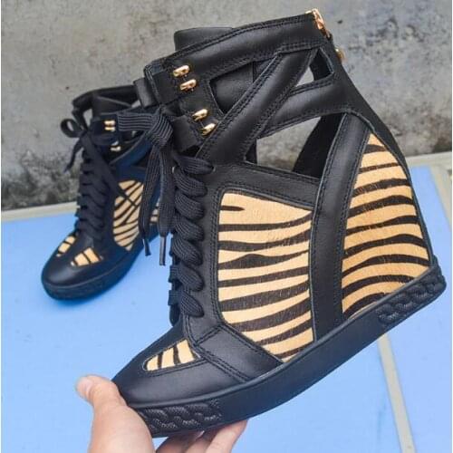 100% Real Photos Girls Leopard Height Increasing 8 cm Wedge Sneakers Shoes Woman Round Toe Cuts Out Lace Up Short Ankle Boots