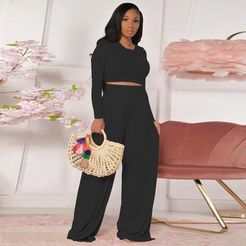Women Tracksuit Solid Spring Autumn Full Sleeve O-neck Crop Top and High Waist Wide Leg Trouser Office Lady Two Piece Outfits