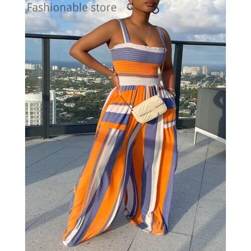 Women Shirring Striped Colorblock Frill Hem Wide Leg Jumpsuit Sleeveless Casual Strap Romper