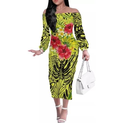 HYCOOL Polynesian Hibiscus Print Sexy Off Shoulder Long Dress Bandage Bodycon Maxi Gown Light Green Long Sleeve Oversize Dress