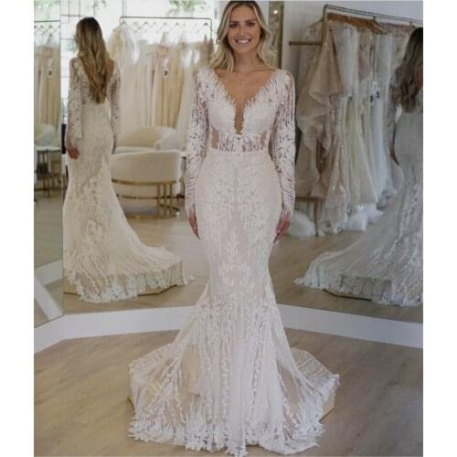 #9919 Mermaid Wedding Dresses 2021 V-Neck Long Sleeve Lace Appliques Backless Tulle Bride Gown Sweep Train Vestidos De Noiva