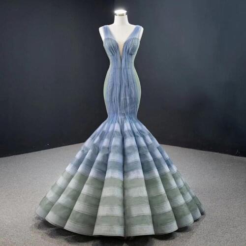 DD JYOY 2020 New Mermaid Evening Dress Long Contrast Color Long Formal Women Evening Gown Pleat Body Lace Up Back Sexy V Neck