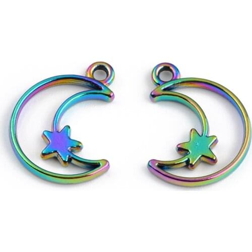 2PCS Rainbow Multicolor Zinc Based Alloy Pendant Moon and Stars DIY Alloy Jewelry Making Accessories For Necklace Earring