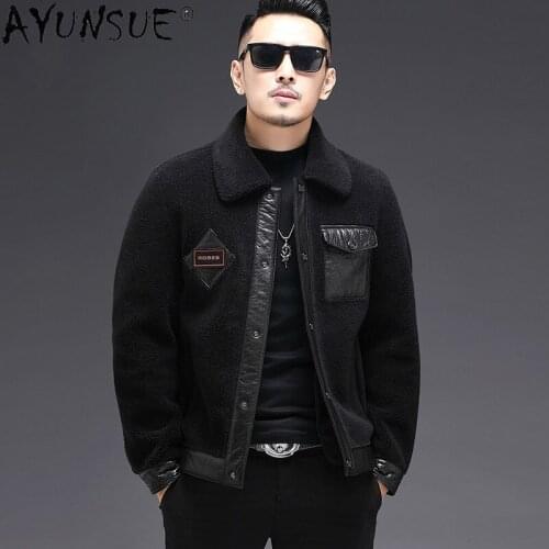 AYUNSUE Men Jacket Real Sheep Shearing Leather Mens Clothing Winter Mens Jackets Fur Coat Motorcycle Clothes Jaqueta LXR406