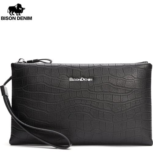Bison Denim Large Capacity Men Wallet Black Genuine Leather Clutch Phone Purse Zipper Card Holder Wallet Male bags