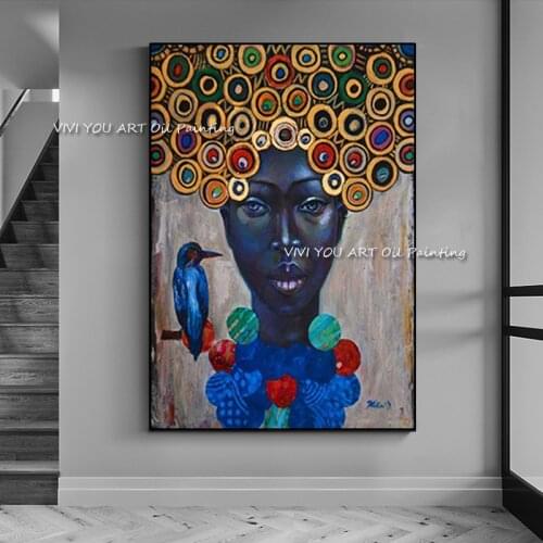 Black woman oil painting on the wall modern 100% handmade canvas wall art picture yellow hair figure poster decorative painting