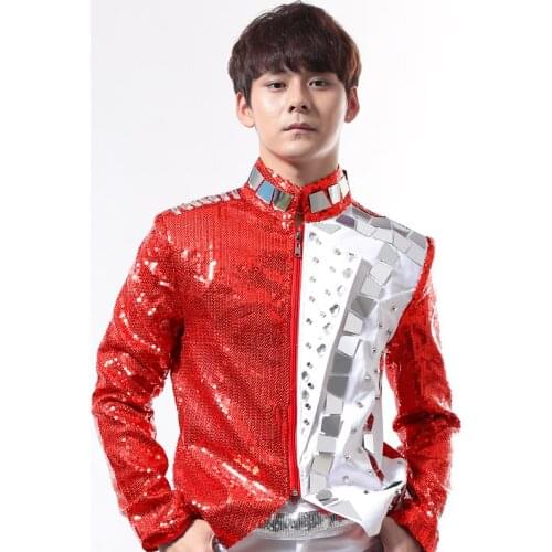 Jazz Dance Costumes Red Stand Collar Lens Rivet Jacket Male Nightclub Singer Bar DJ Coat Clothing Men Stage Wear Singer DT804