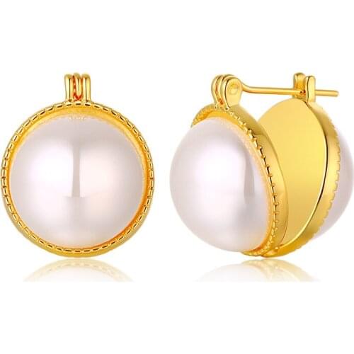Elegant Stylish Pearl Stud Earrings Gold Color Symmetrical Two Side Pearl Hoops for Women Girls