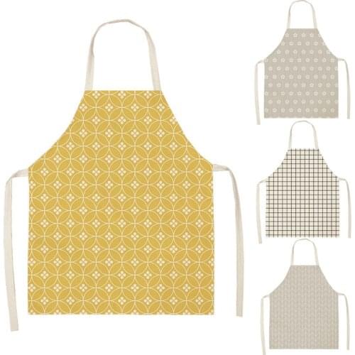 Geometric Yellow Black Plaids Cotton Linen Apron Woman Adult Bibs Home Cooking Baking Cleaning Aprons Kitchen Accessory