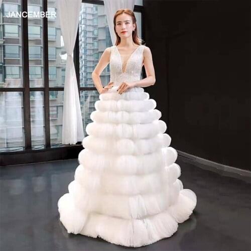 J66931 jancember wedding gowns for bride with cake square collar sleeveless tiered lace up white wedding dress robe de mariee à