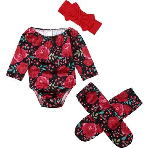 Newborn Infant Baby Girl Red Floral Long Sleeve Romper Headband Socks 3pcs Outfit Sets Fashion Cotton Soft Clothes 0-24Months