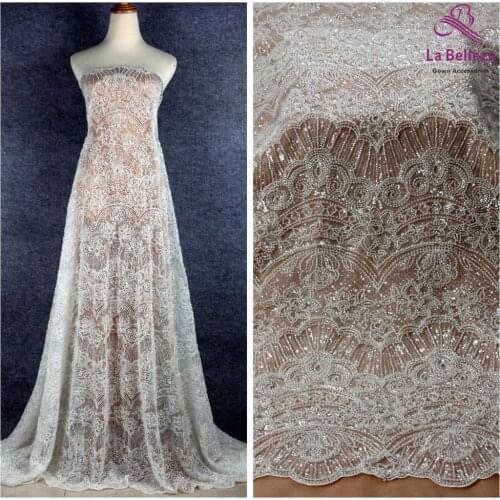 La Belleza 2019 New heavy beaded lace fabric off white beautiful wedding gown dress lace fabric 1 yard