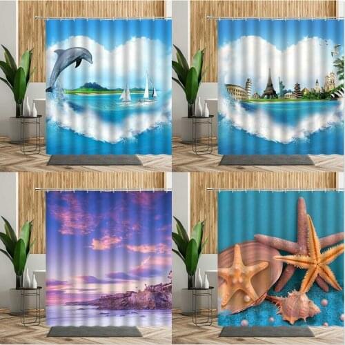 Ocean Scenery Travel Poster Shower Curtain For Bathroom Dolphin Ship Sea Landscape Cloth Home Bath Decor Hanging Curtain Product