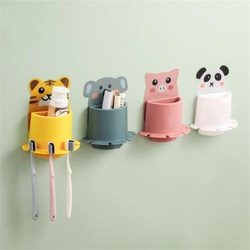 Cartoon Animal Hole Free Wall Mounted Cup Toothbrush Holder Toothbrush Storage Rack Seamless Hook Holders Home Bathroom Pendant