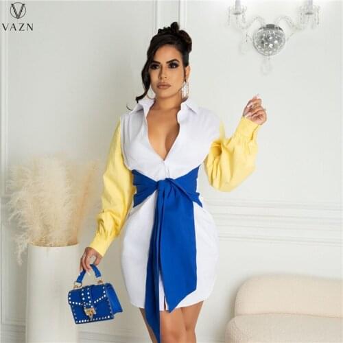 VAZN New 2021 Ladies Fashion Street Girl Style Short Dress Long Sleeve Lapel Single Breasted Sashes Mini Short Dress