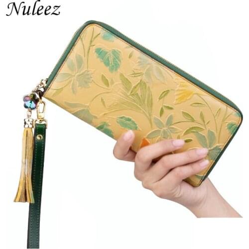 Nuleez Genuine Cow Leather Wallet Women High Quality Luxury Hand Carving Floral Chinese Style Delicate New