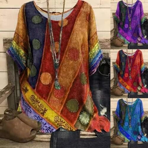 Plus Size Women& Fashion Loose Casual short sleeves Floral print Round neck Retro Ethnic print Summer tshirt tops blouses