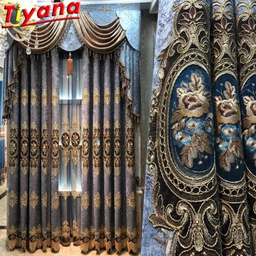 Luxury Chenille Flowers Embroidery Curtains for Living Room Blue/Light Blue Semi-Blackout Hollow Window Drapes for Bedroom 882VT