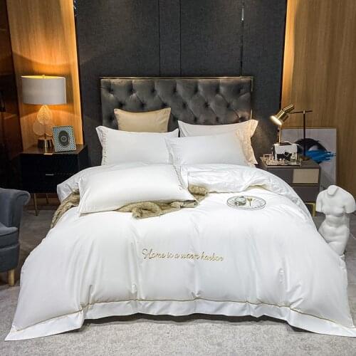 Luxury White Embroidery Cotton Duvet Cover Bed Linen Fitted Sheet Pillowcases Bedclothes Home Textiles King Queen Size 4PCS