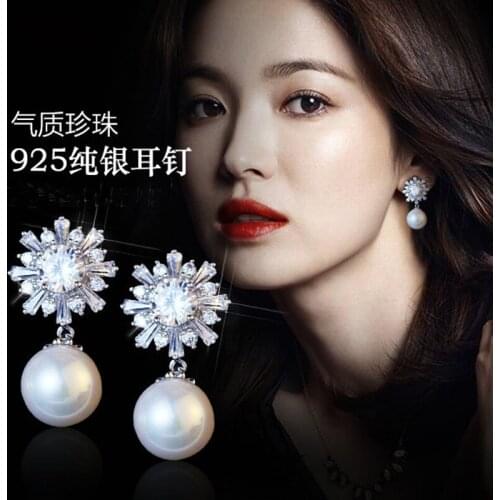Crystal Flower Stud Earrings Fashion Pure 925 Silver Stud Earrings With Pearl Jewelry Pendientes Brincos Fashion Jewelry