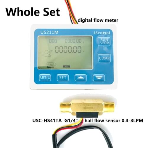 US211M Digital Flow meter Display with USC-HS41TA SUS304 Flow Meter Totalizer Flow Measurement 0.3-3L/min Range G1/4" thread