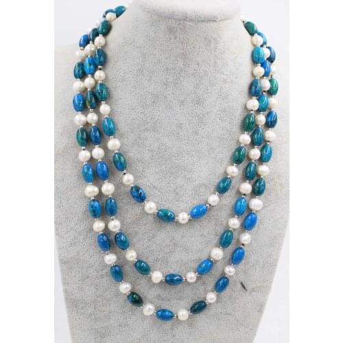 Wow! manmade peacock stone round and freshwater pearl white round neck greeen necklace 62inch wholesale beads