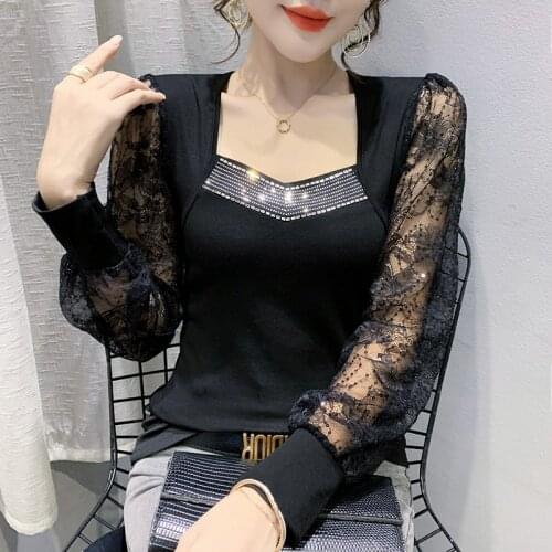 New 2021 Autumn Long Sleeve Womens T-Shirt Fashion Casual Sexy V-Neck Mesh Lace Tops Hot Drilling Black Clothing