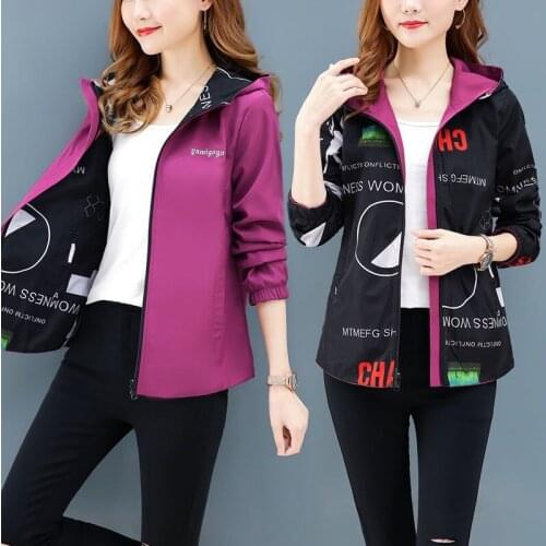 2020 New Women Jacket Hooded Causal Windbreaker Female Two Side Wear Cartoon Print Outwear Streetwear Basic Coats Plus Size 4XL