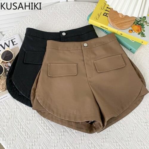 KUSAHIKI PU Leather Shorts for Women Elegant High Waisted Bottoms 2021 Autumn Winter Split Wide Leg Short Feminimos 6L288