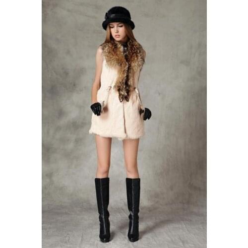 Real natural genuine full pelt rabbit fur vest with big raccoon fur collar women long whole skin fur winter warm jacket
