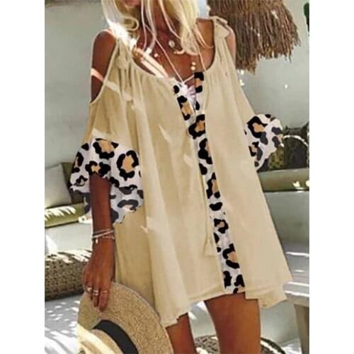 Fashion Lady Leopard Print Stitching Top Tshirts Casual Loose Half Sleeve Strapless Tie Tops Summer Clothes For Women Outfit