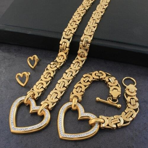 Fashion Stainless Steel Crystal Big Heart Chain Necklace Bracelet Jewelry Sets For Womans Gift Free Shipping SCAZBKDQ-2