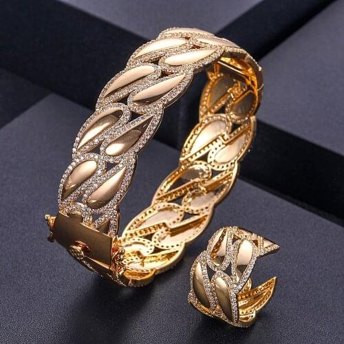 AccKing luxury Unique African Bangle Ring Set Jewelry Sets For Women Wedding Cubic Zircon Crystal CZ Dubai Bridal Jewelry Set
