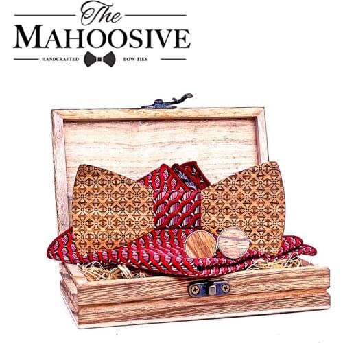 Wooden Bowtie gift for Mens Suit Wooden Bow Tie Bowknots Wedding Party gravata noeud papillon Handkerchief Cufflinks Sets