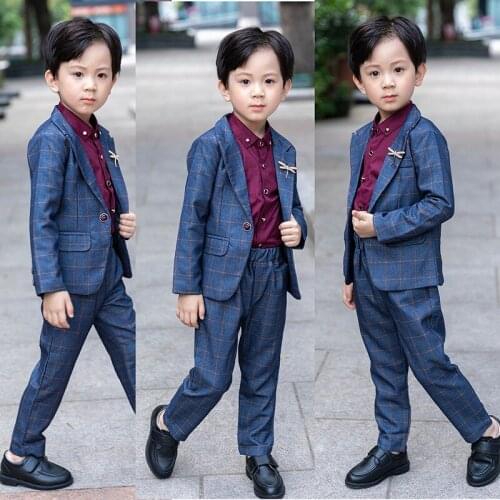 Childrens Plaid Formal Suit Set Boys Host Show Wedding Party Costume Spring Autumn Kids Plaid Blazer Pants 2pcs Clothing Set